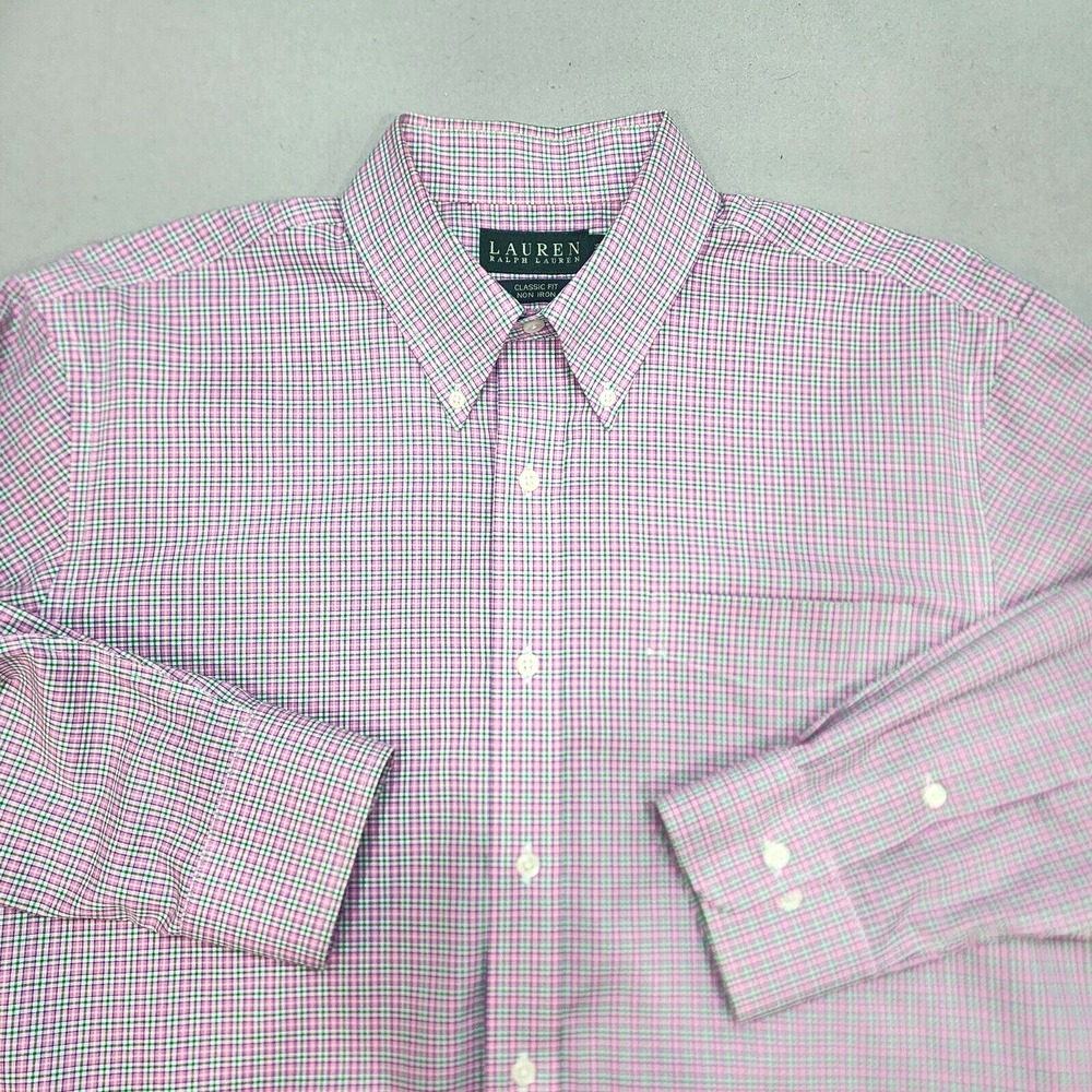 Lauren Ralph Lauren Button Down Pink Green Check Classic Fit Mens 16.5 32/33